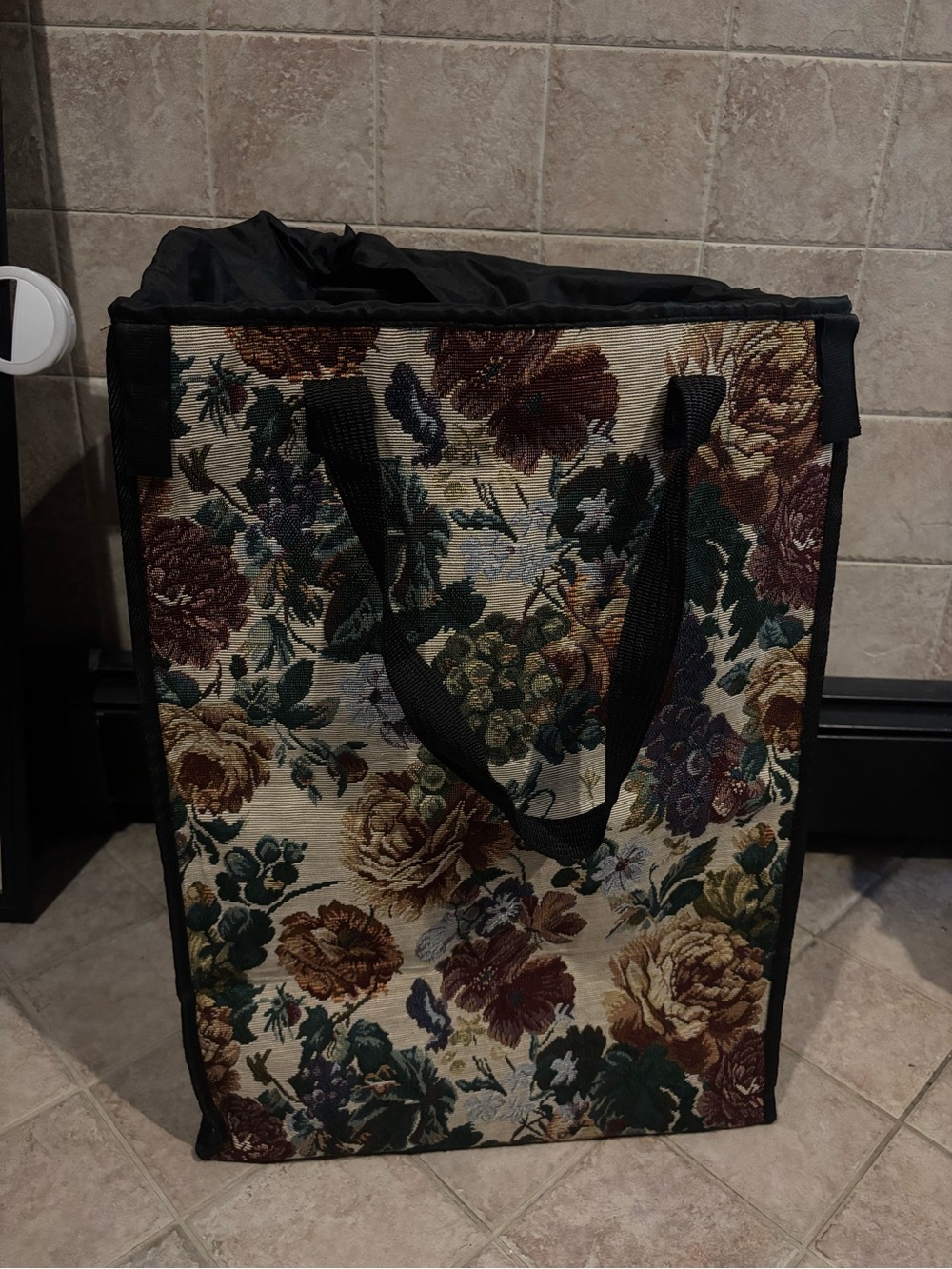 Large Vintage Tapestry Laundry Tote Bag with Zippered Pocket Drawstring Top